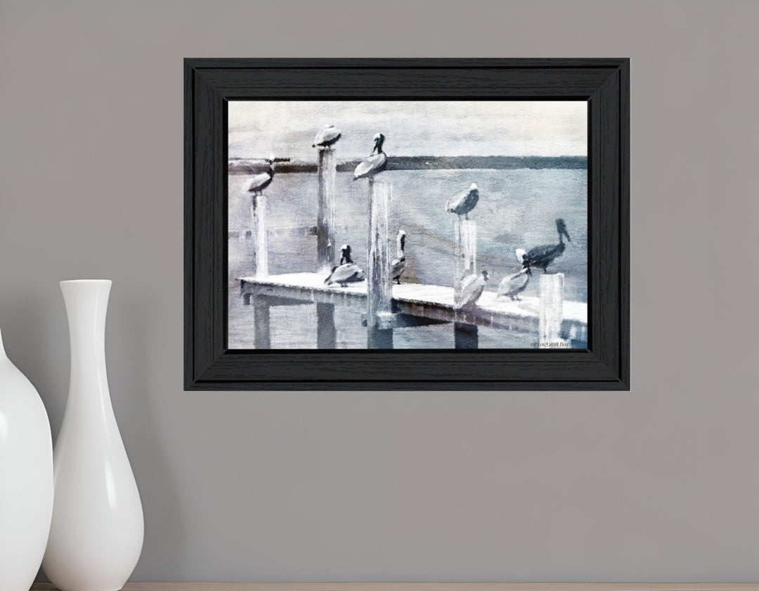 Birds on a Pier Black Framed Print Wall Art