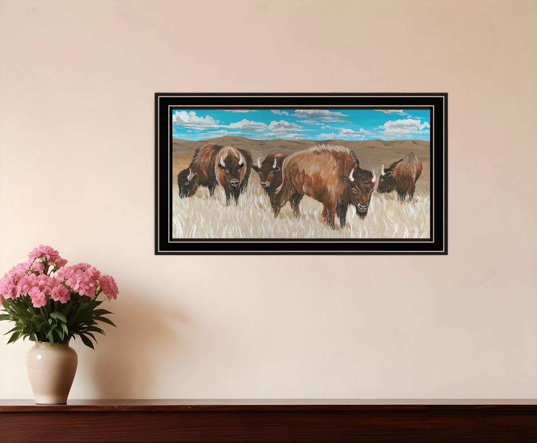 Bison Herd Black Framed Print Wall Art