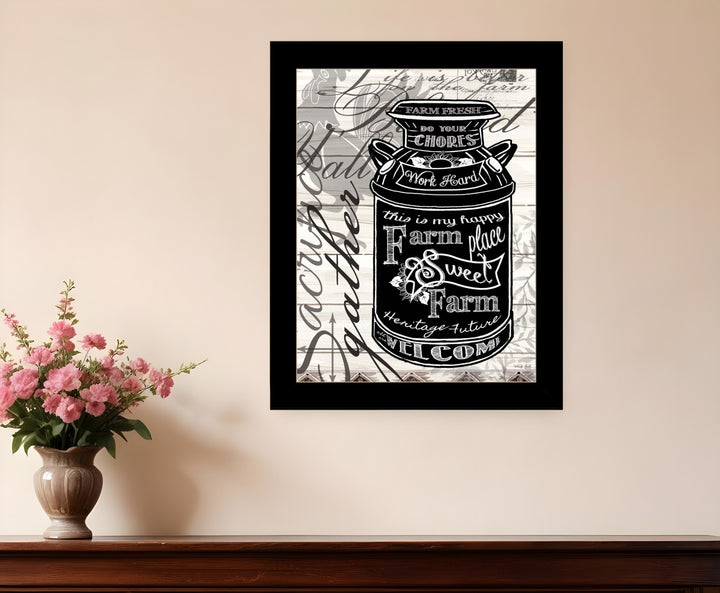 FARM SWEET FARM MILK CAN Black Framed Print Wall Art