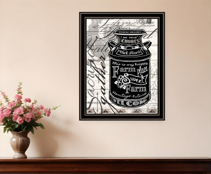 FARM SWEET FARM MILK CAN Black Framed Print Wall Art