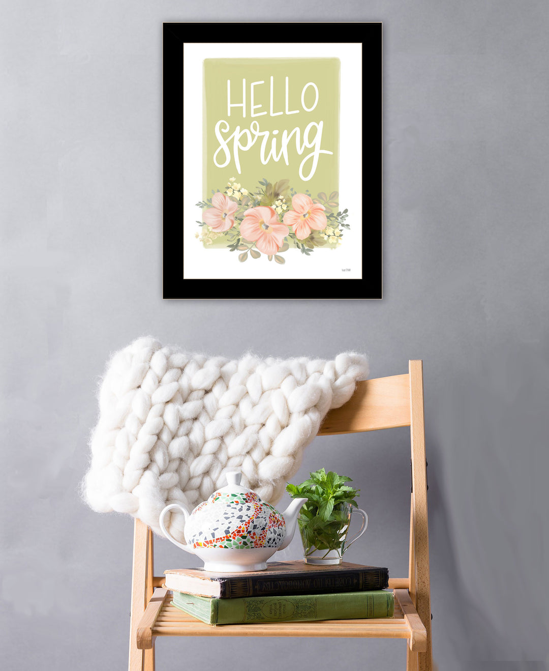 Hello Spring Floral Black Framed Print Wall Art