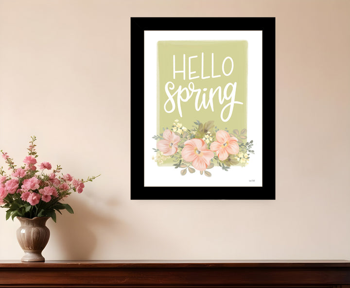 Hello Spring Floral Black Framed Print Wall Art