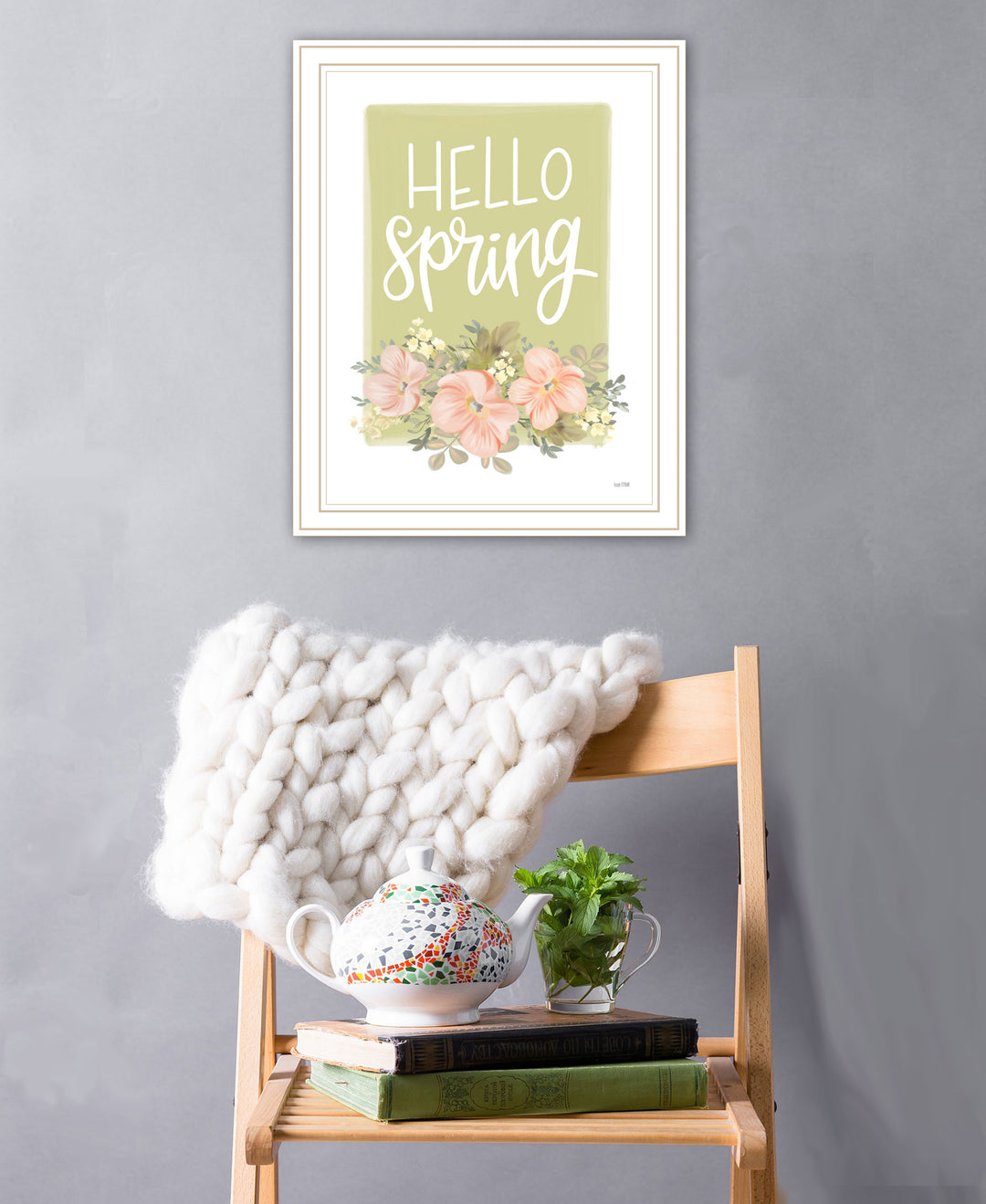 Hello Spring Floral Black Framed Print Wall Art