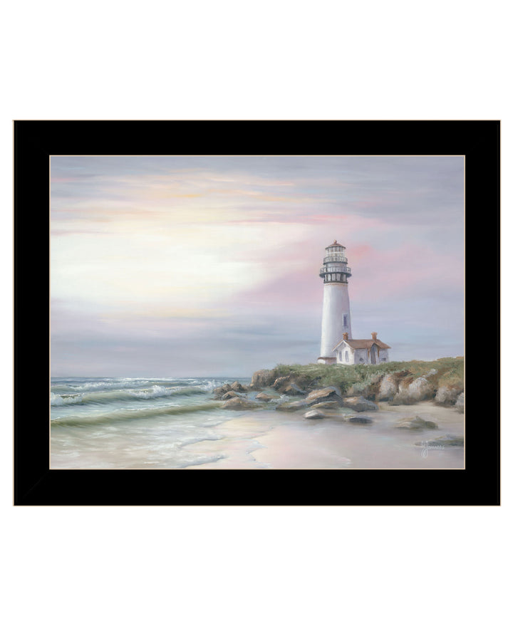 Lighthouse at Sunset Black Framed Print Wall Art