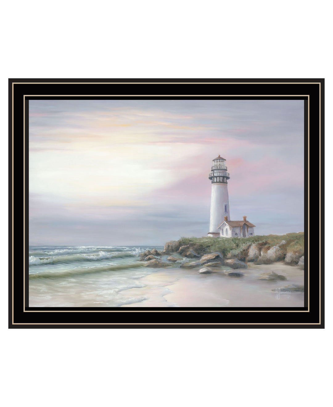 Lighthouse at Sunset Black Framed Print Wall Art