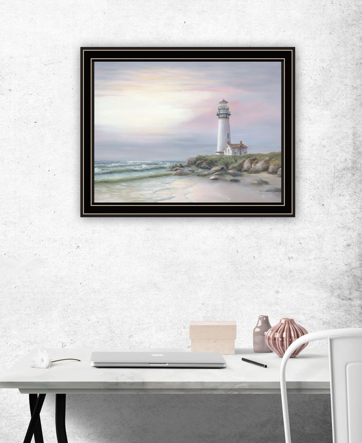 Lighthouse at Sunset Black Framed Print Wall Art