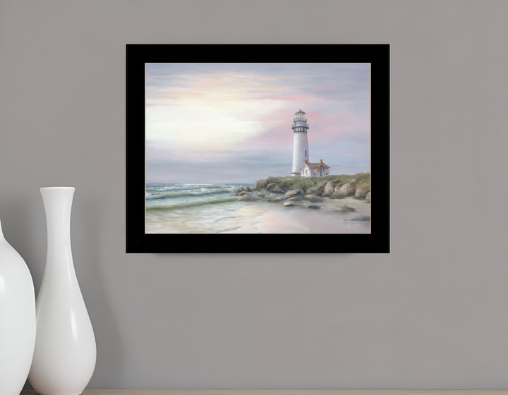 Lighthouse at Sunset Black Framed Print Wall Art