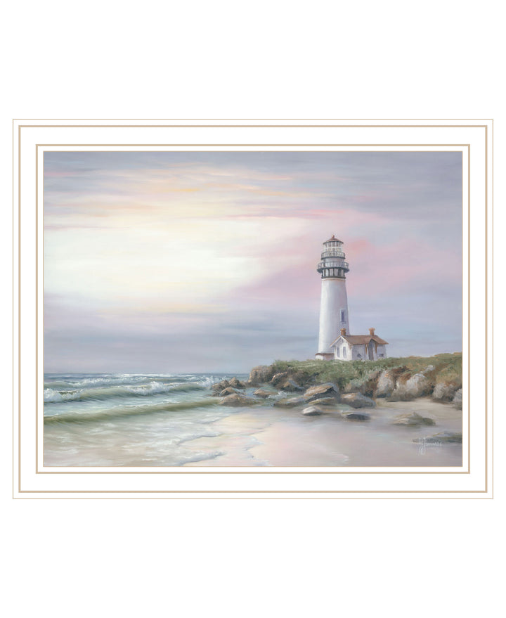 Lighthouse at Sunset Black Framed Print Wall Art