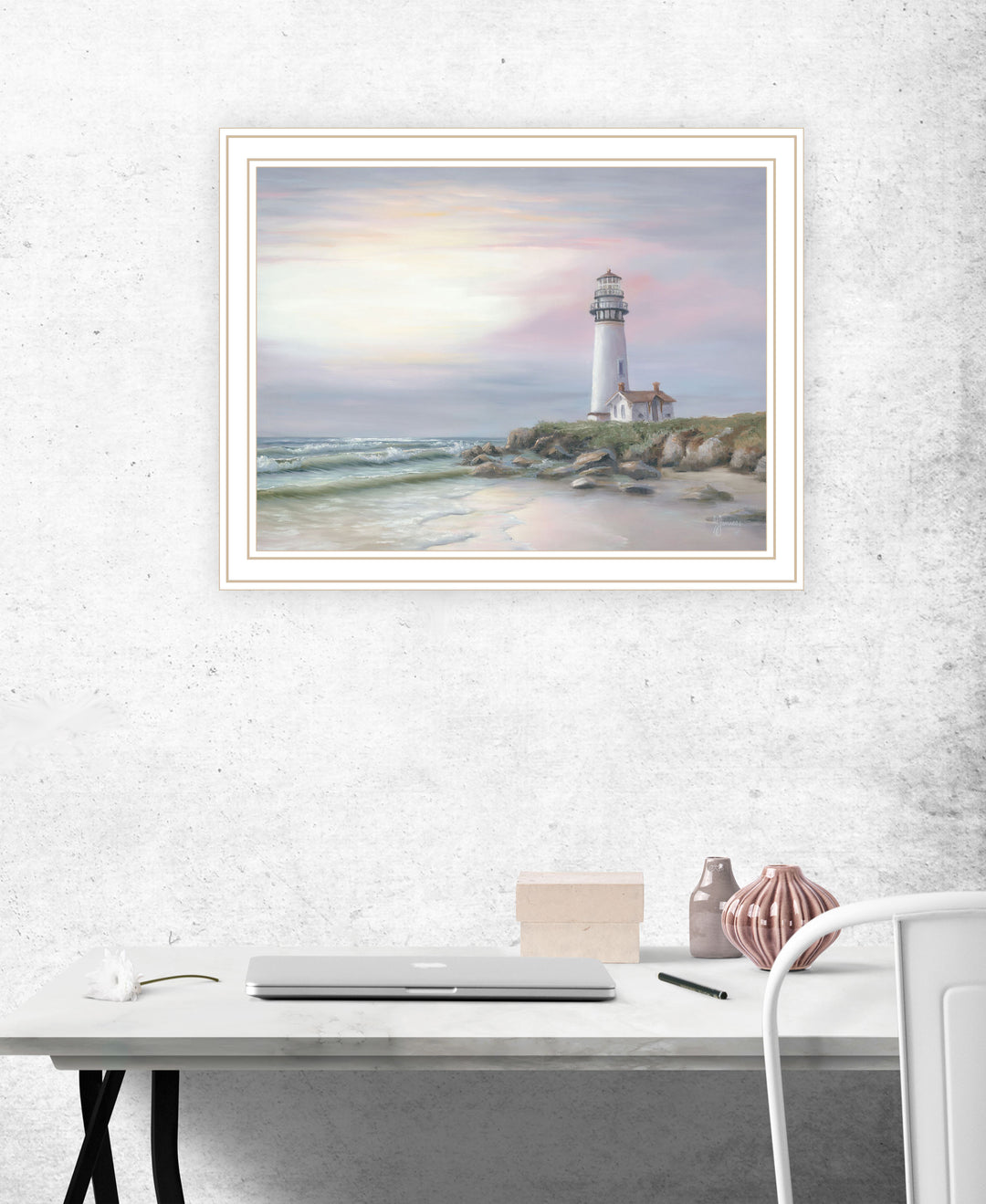 Lighthouse at Sunset Black Framed Print Wall Art