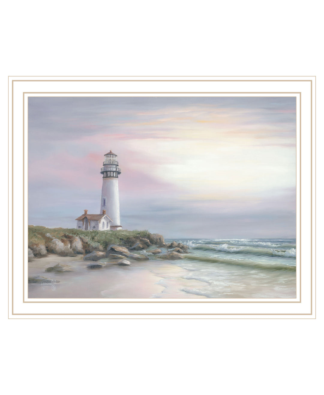 Lighthouse at Sunset Black Framed Print Wall Art