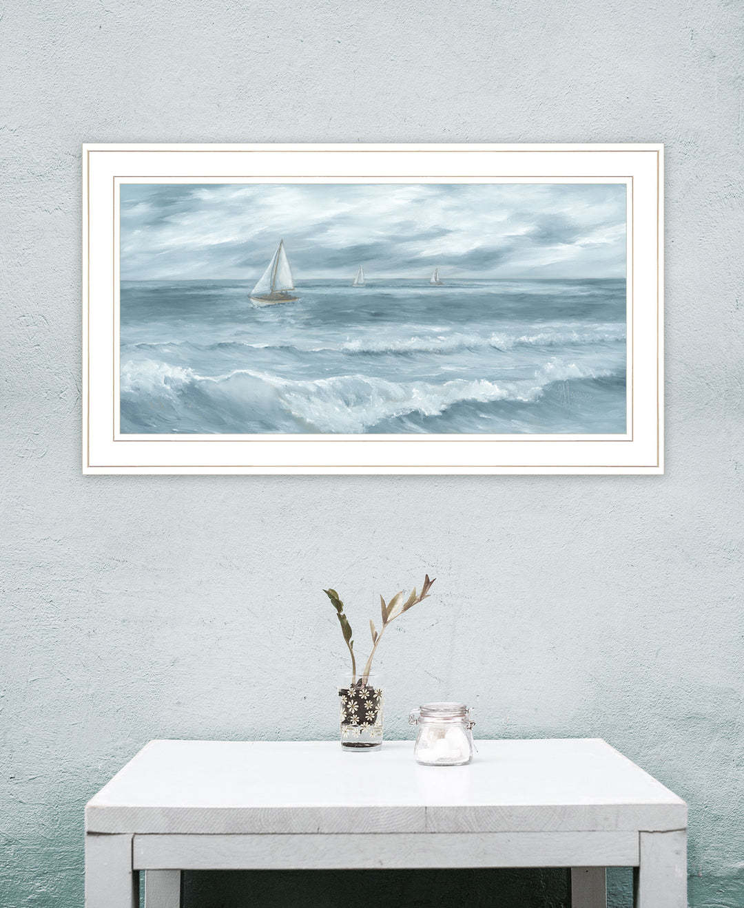 Three Sailboats White Framed Print Wall Art