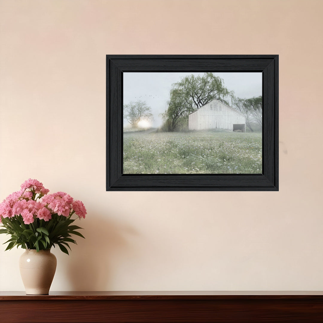 Green Country Morning Black Framed Print Wall Art