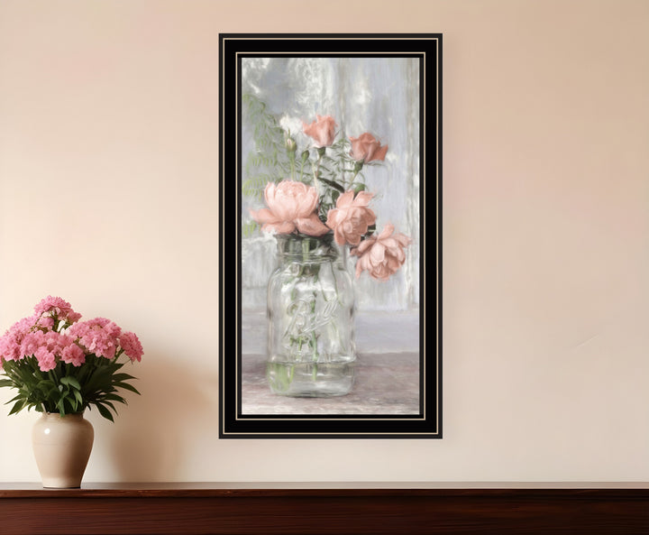 Cottage Peach Roses Black Framed Print Wall Art