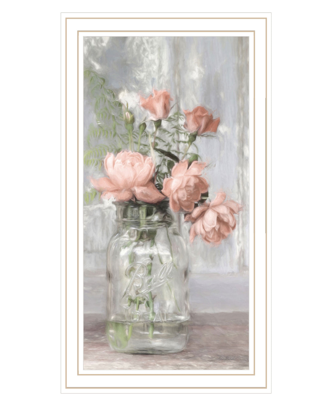 Cottage Peach Roses Black Framed Print Wall Art