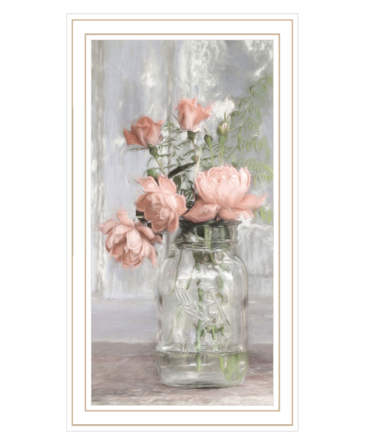 Cottage Peach Roses Black Framed Print Wall Art