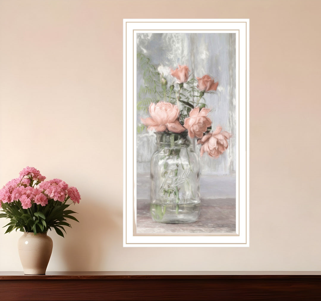 Cottage Peach Roses Black Framed Print Wall Art