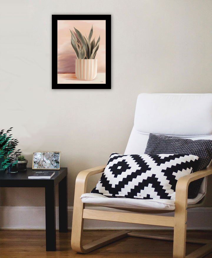 Striped Bohemian Plant Black Framed Print Wall Art