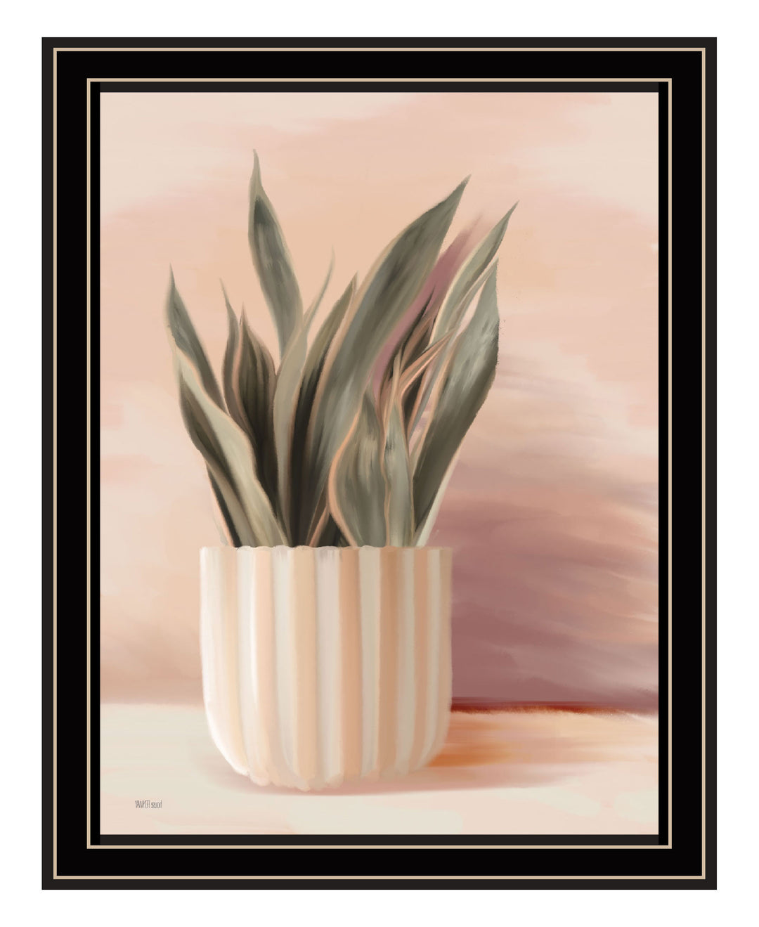 Striped Bohemian Plant Black Framed Print Wall Art