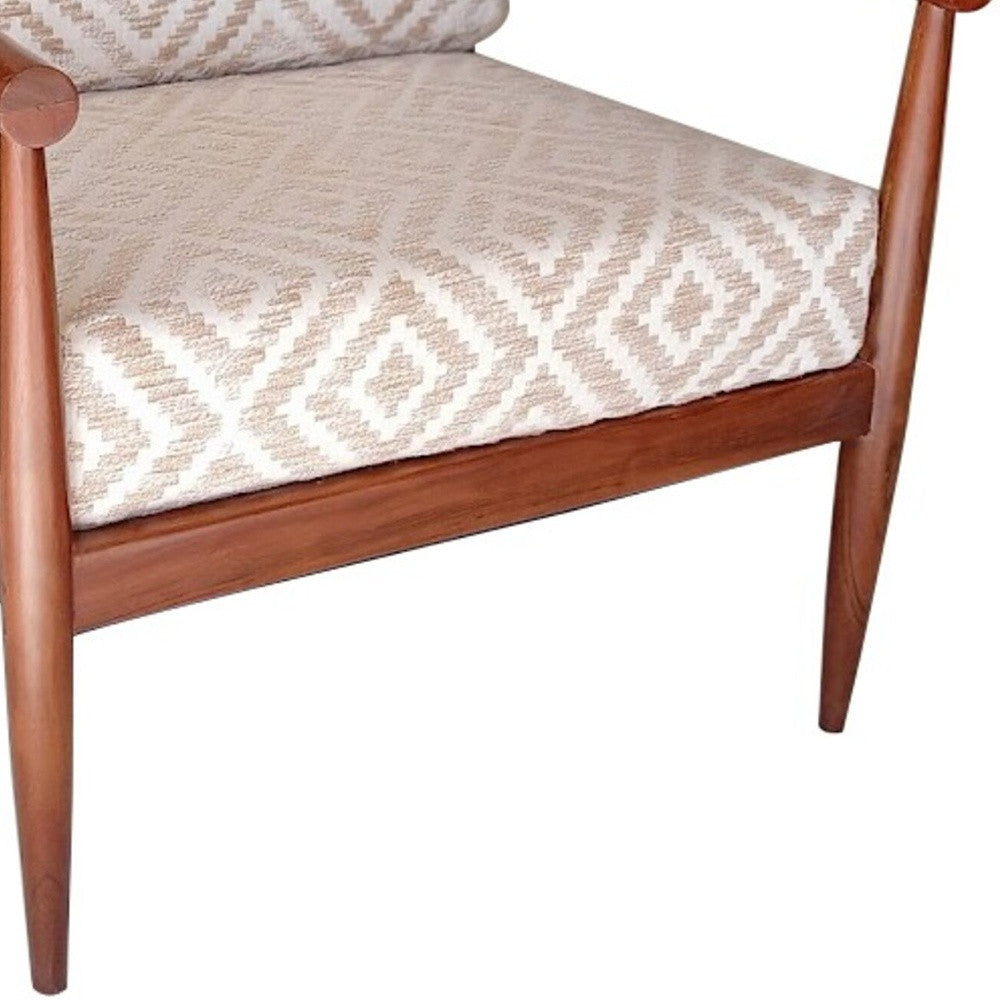 28" Beige And Brown Fabric Geometric Arm Chair