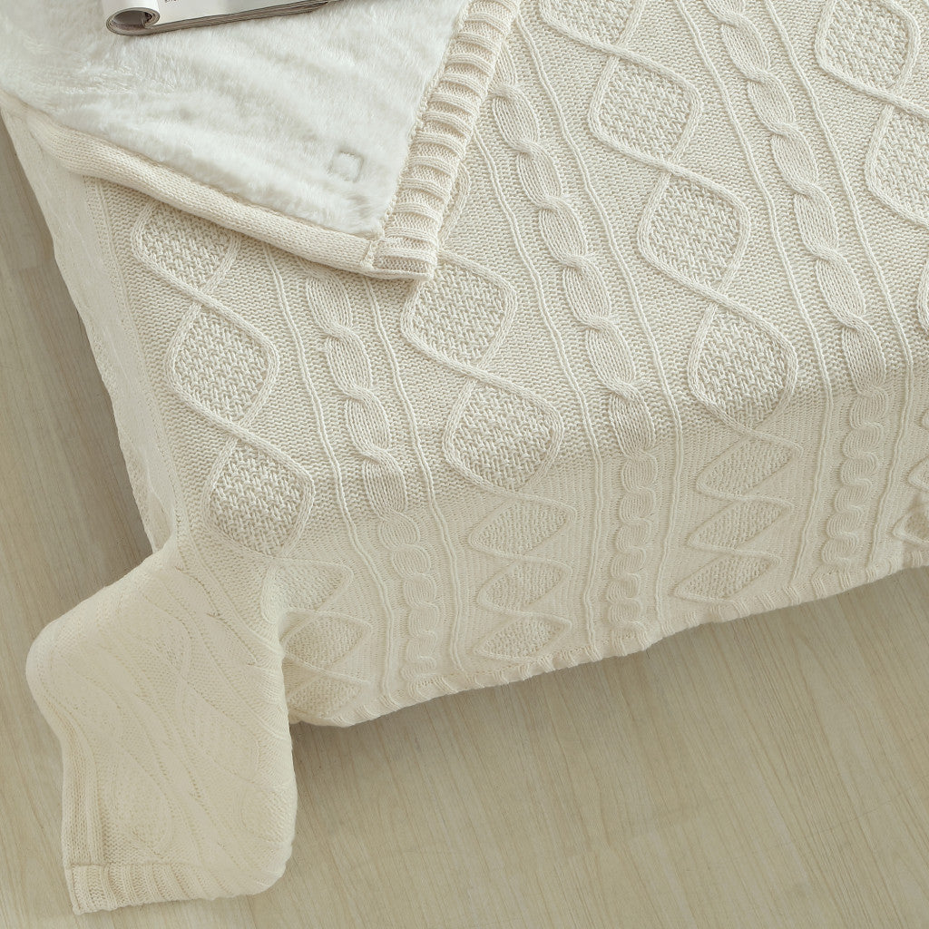 60" X 50" Cream Knitted Acrylic Throw Blanket