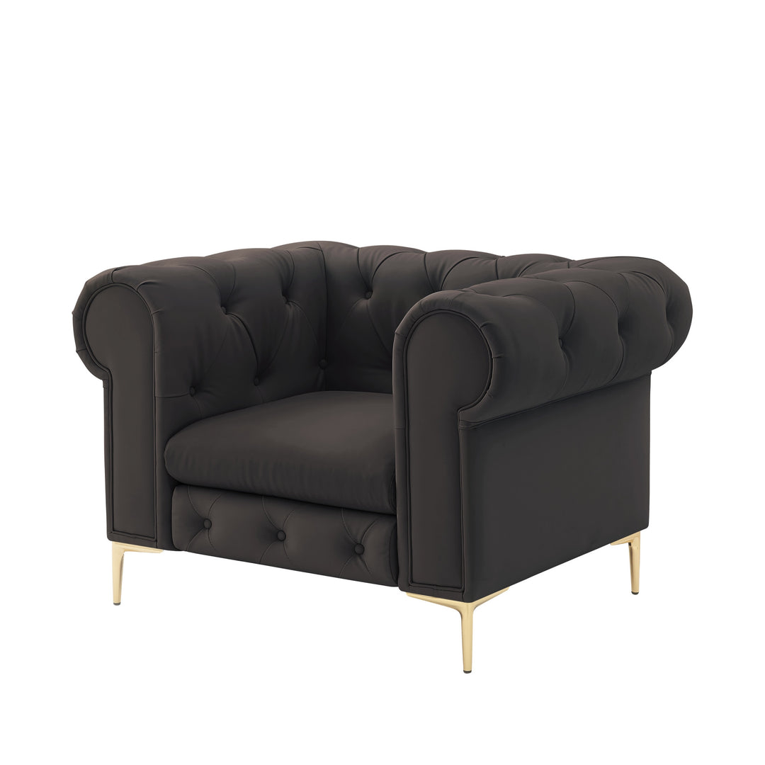 34" Black And Gold Faux leather Tufted Chesterfield Chair