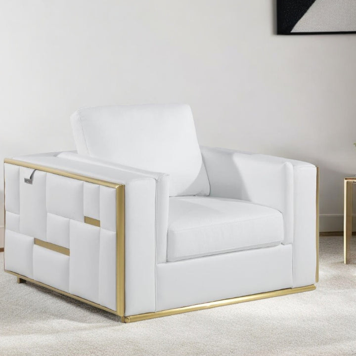 47" White And Gold Top Grain Leather Club Chair