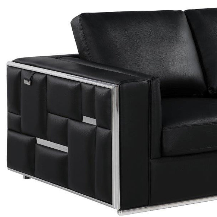 73" Black And Silver Metallic Top Grain Leather Loveseat