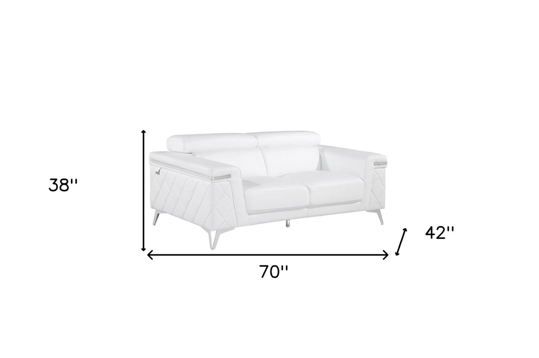 70" White And Silver Metallic Top Grain Leather Loveseat