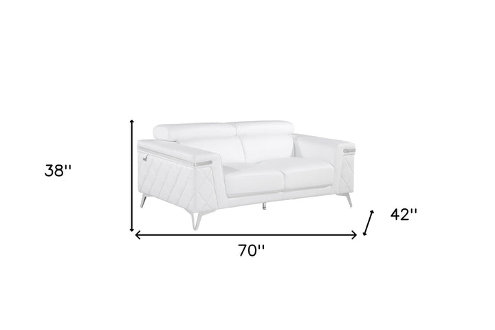 70" White And Silver Metallic Top Grain Leather Loveseat