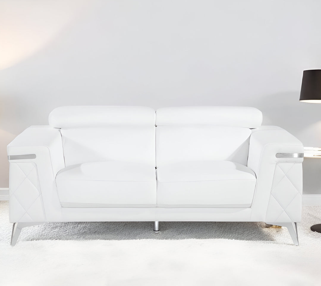 70" White And Silver Metallic Top Grain Leather Loveseat