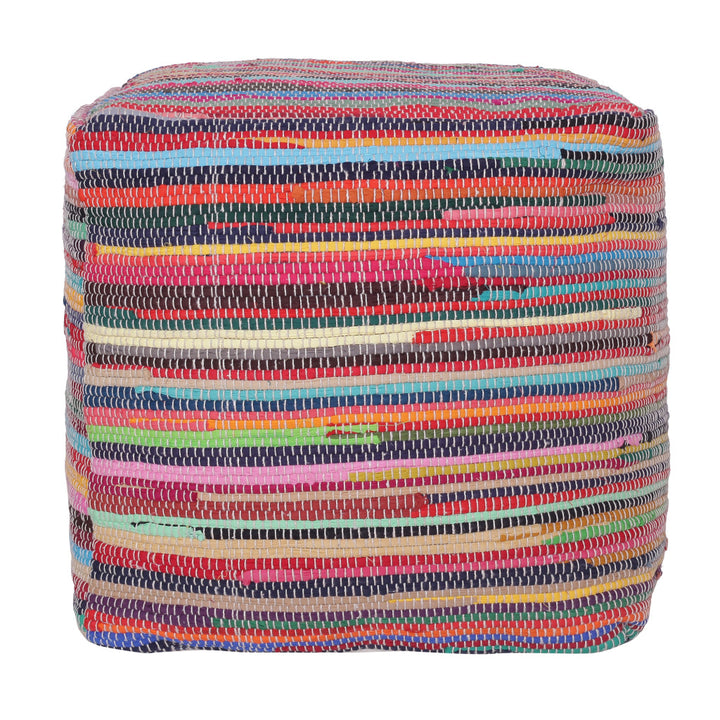 18" Red Cotton Cube Striped Pouf Ottoman