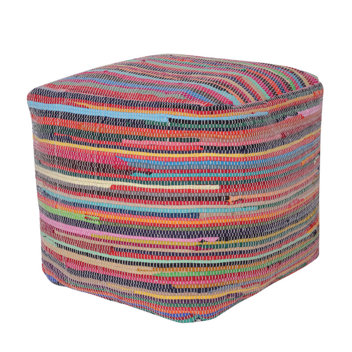 18" Red Cotton Cube Striped Pouf Ottoman