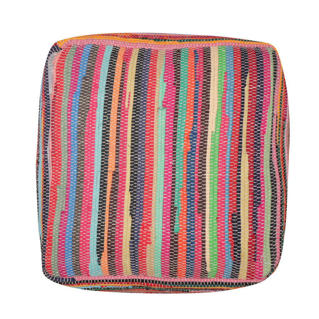 18" Red Cotton Cube Striped Pouf Ottoman