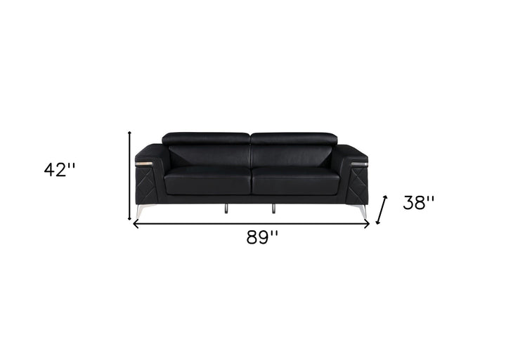 89" Black Italian Leather Sofa With Silver Legs