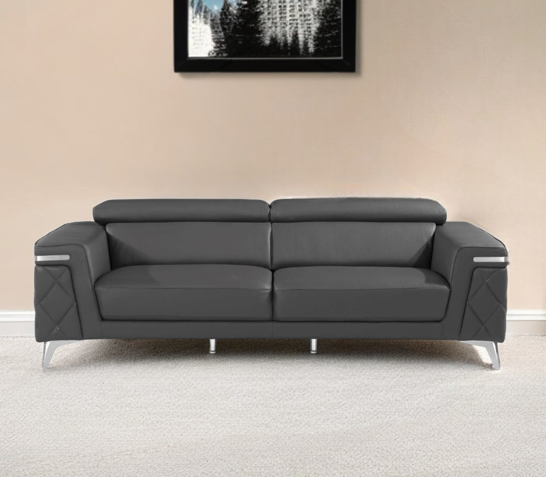 89" Dark Gray Italian Leather Sofa With Silver Legs