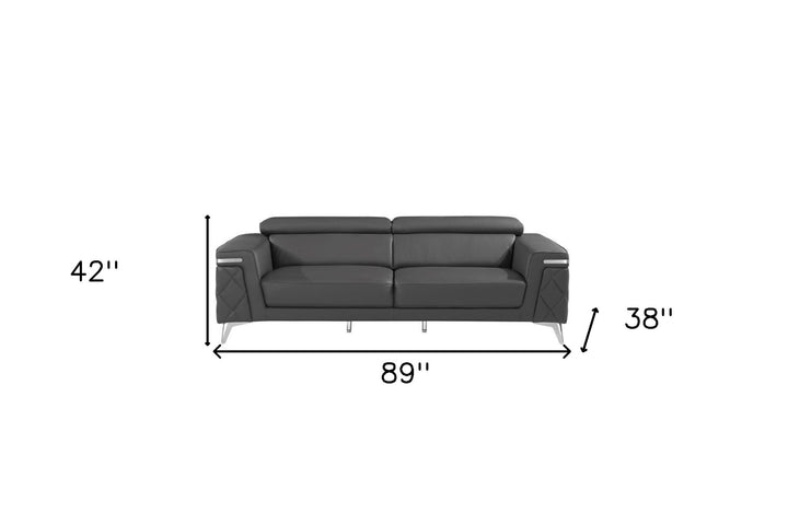 89" Dark Gray Italian Leather Sofa With Silver Legs