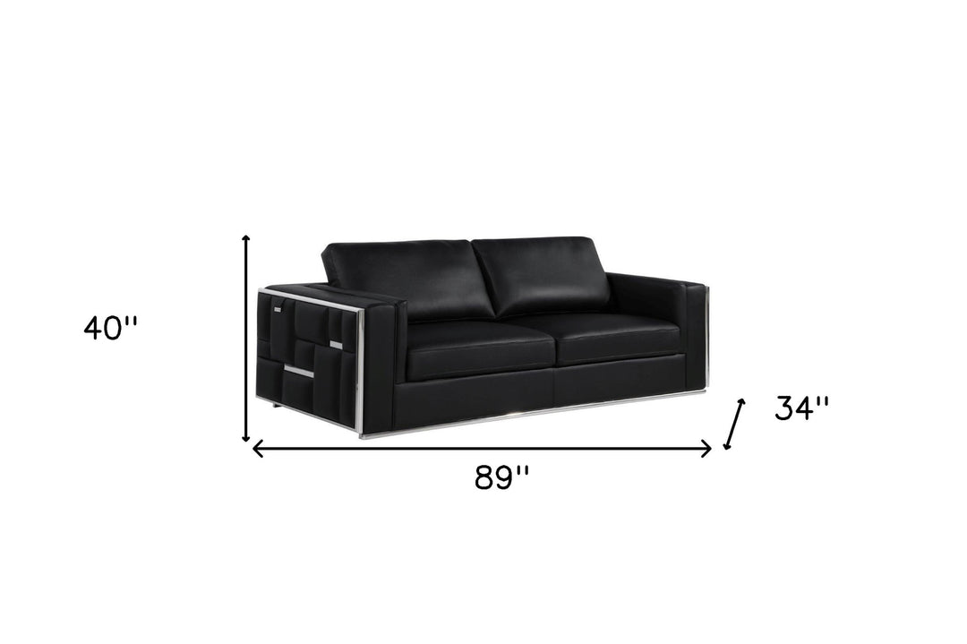 89" Black Italian Leather Sofa With Silver Legs