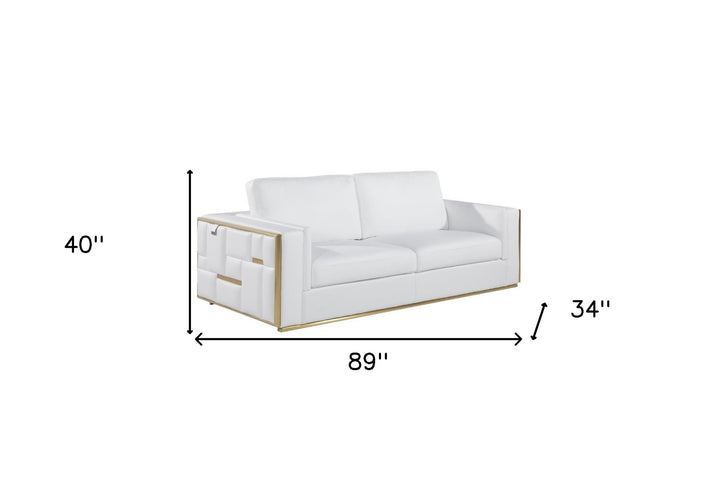 89" White Italian Leather Sofa With Brass Legs