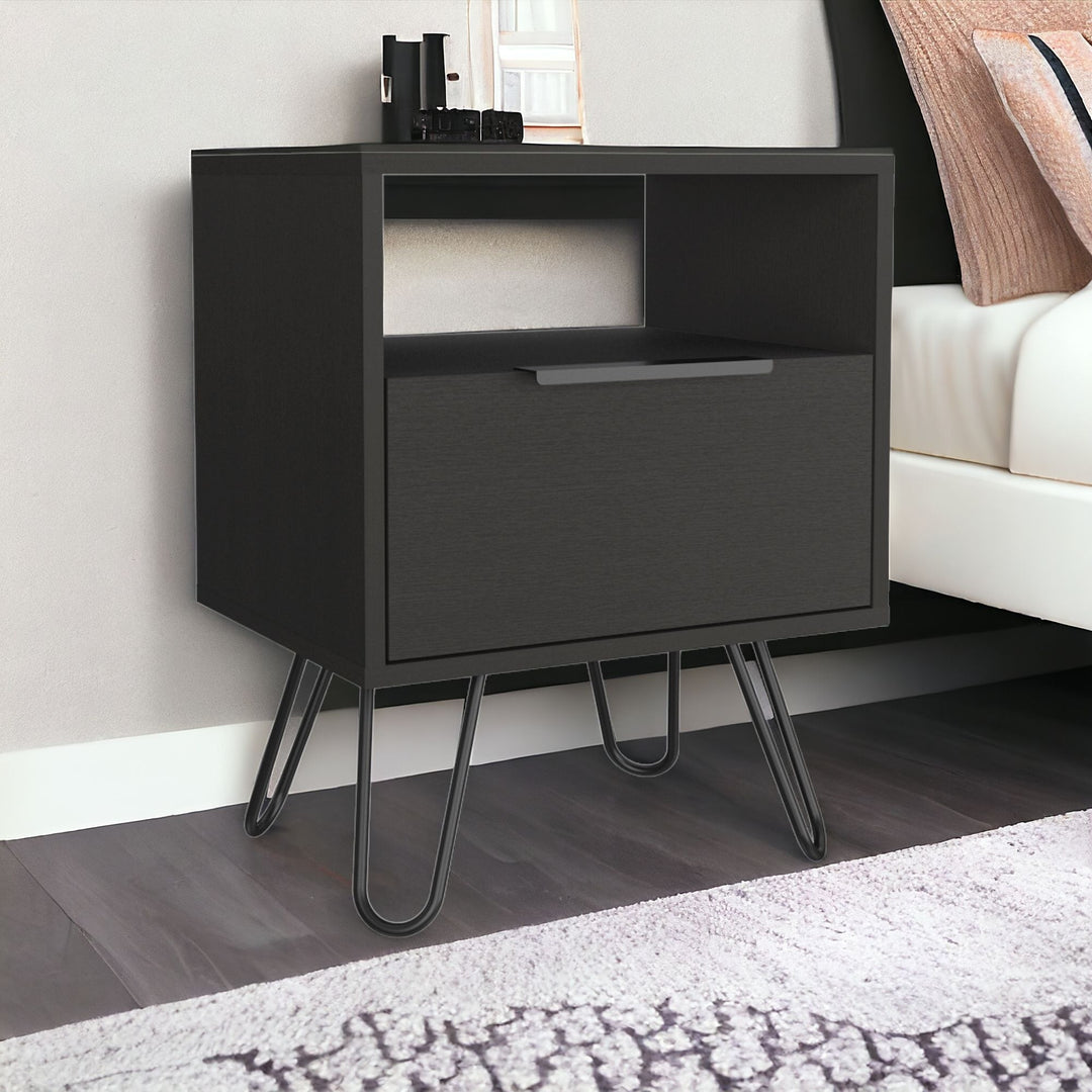 22" Black Faux Wood Nightstand With Storage