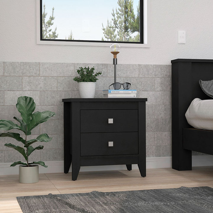 24" Black Two Drawer Faux Wood Nightstand