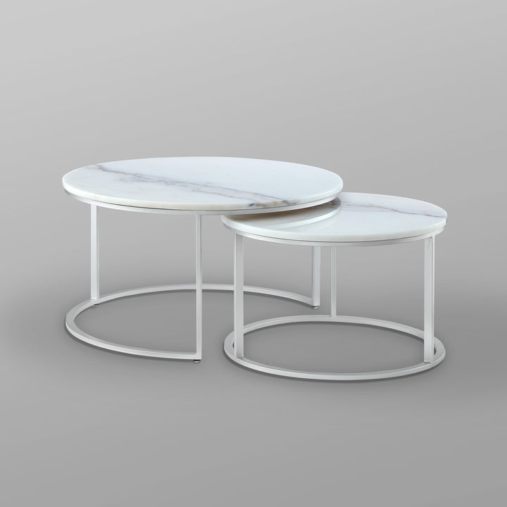 Set of Two 31" White And Silver Genuine Marble And Iron Round Nested Coffee Tables