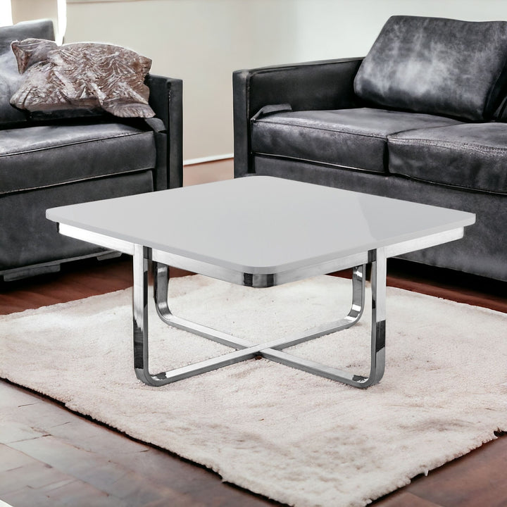 35" Light Gray And Silver Metallic Stainless Steel Square Coffee Table