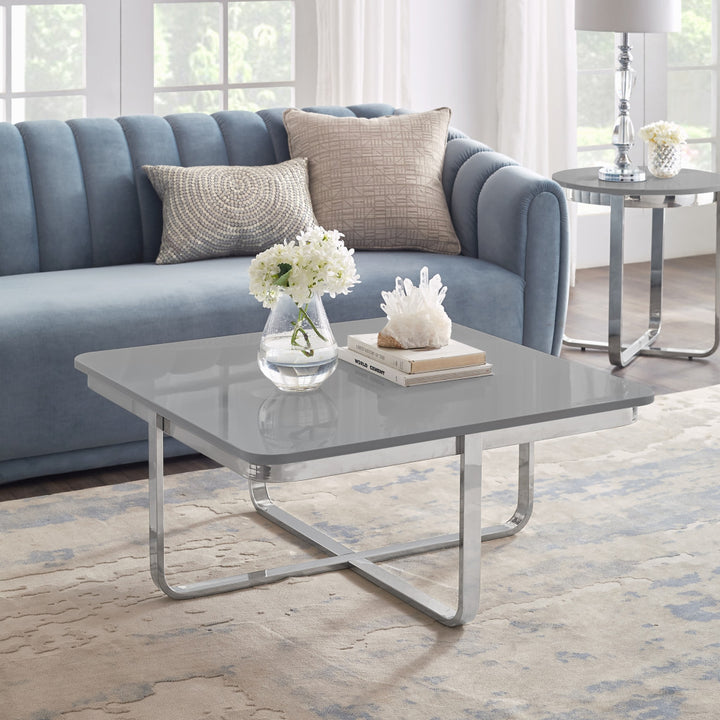 35" Light Gray And Silver Metallic Stainless Steel Square Coffee Table