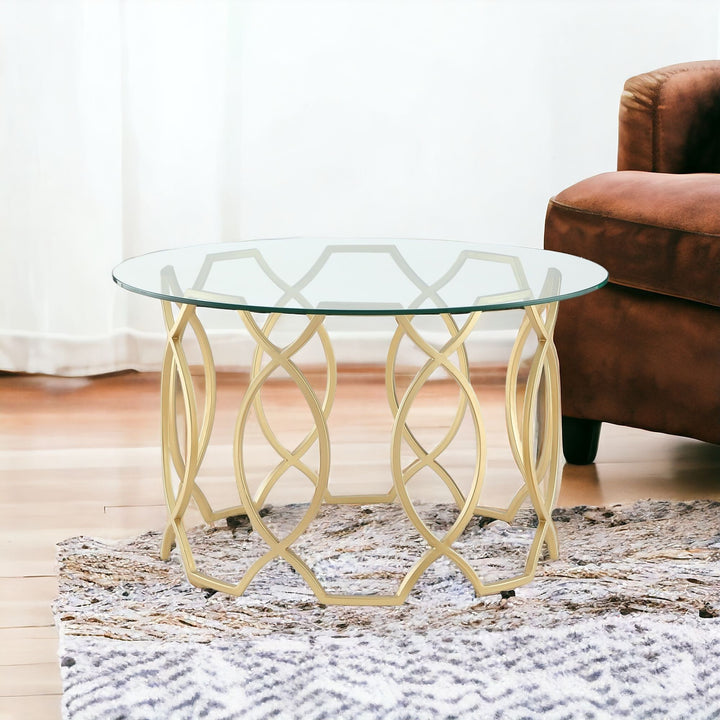 32" Clear And Gold Glass And Iron Round Coffee Table