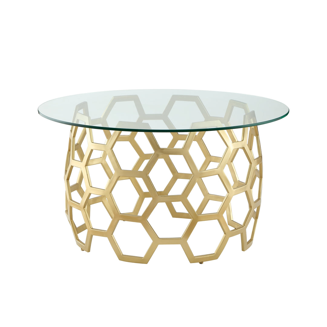 32" Clear And Gold Glass And Iron Round Coffee Table