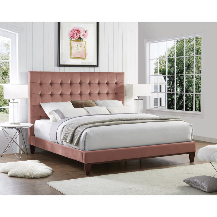 Beige Solid Wood King Tufted Upholstered Linen Bed