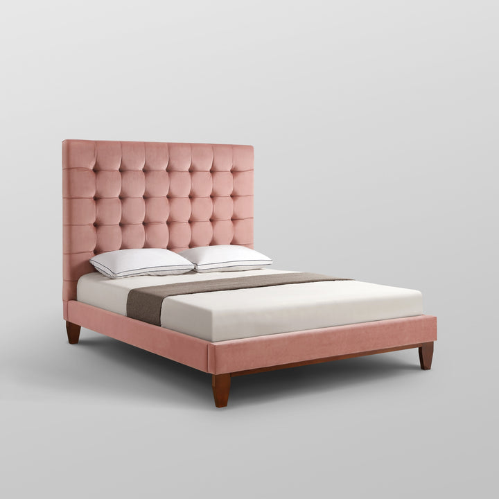 Beige Solid Wood King Tufted Upholstered Linen Bed