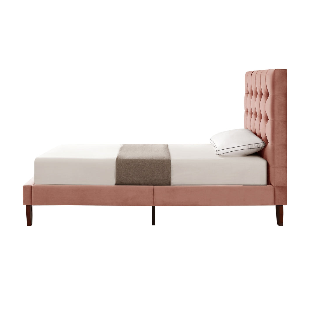 Beige Solid Wood King Tufted Upholstered Linen Bed