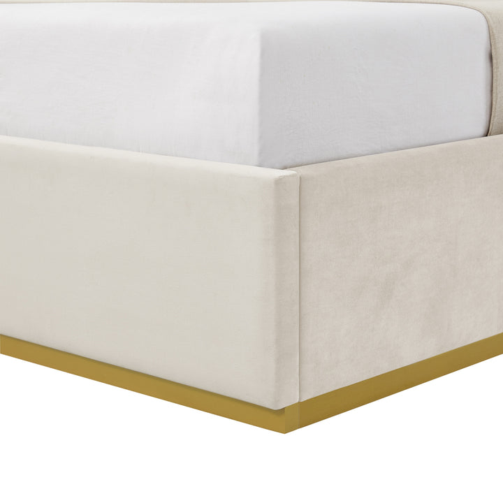 Beige Solid Wood Queen Upholstered Velvet Bed