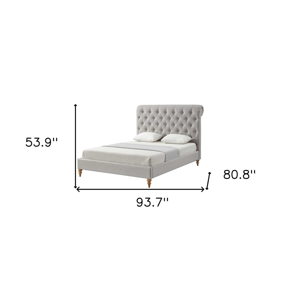 Gray Solid Wood King Tufted Upholstered Linen Bed with Nailhead Trim